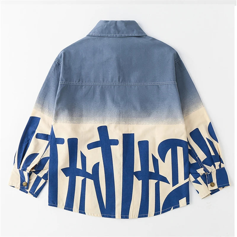 Chemise en jean dégradée à manches longues pour garçon, manches longues, avec inscription, bleu et orange, style décontracté, vêtements pour enfants