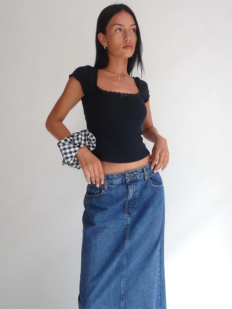 Y2k Vintage Bébé T-Shirt Cottage Dentelle Tricoté T-Shirt D'été Col Carré Manches Courtes T-Shirt Femmes Blanc Laitière Haut Court