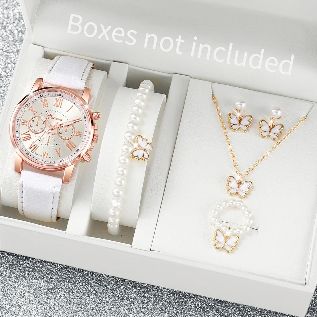 Ensemble de 5 montres pour femmes, style Genève, avec bracelet en cuir décontracté et strass en forme de cœur (sans boîte)