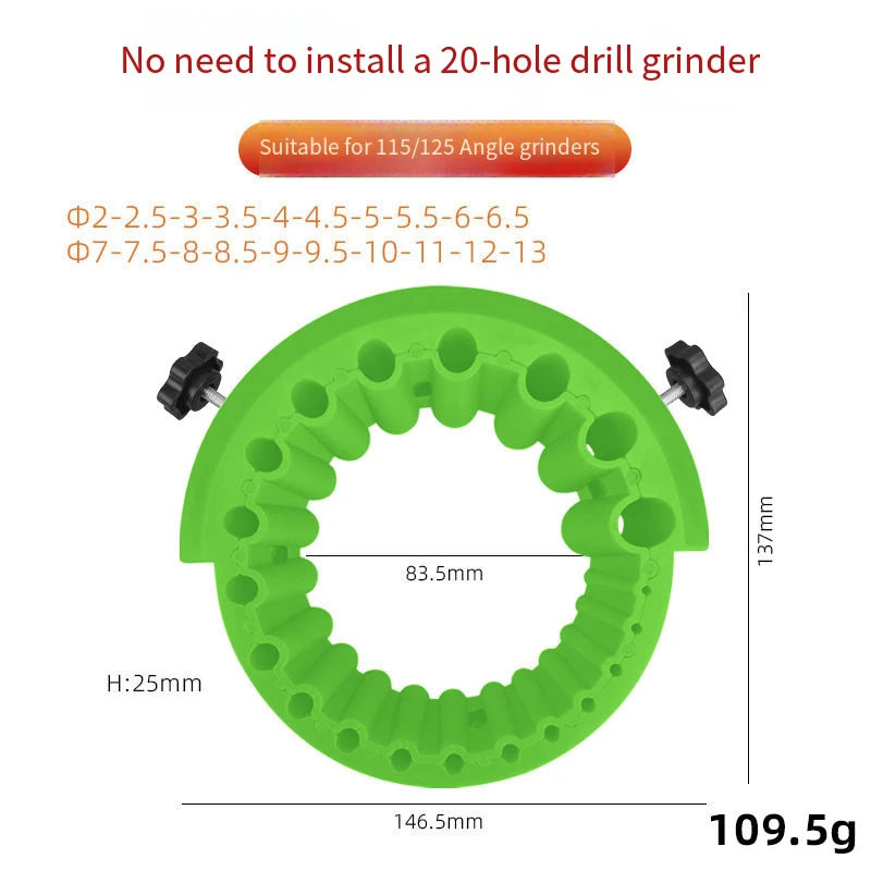 Affûteur de forets anti-dénudage pour meuleuse d'angle 2-13 mm, 20 trous avec inserts filetés métalliques, compatible avec les meuleuses 115/125, redonne vie aux vieux forets