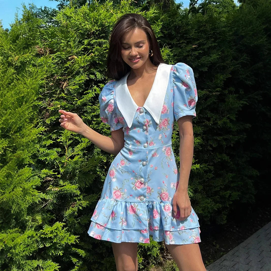 Tornova imprimé manches bouffantes robe à volants femmes col en v taille haute perles boutons Mini robe femme décontracté vacances robe de mode