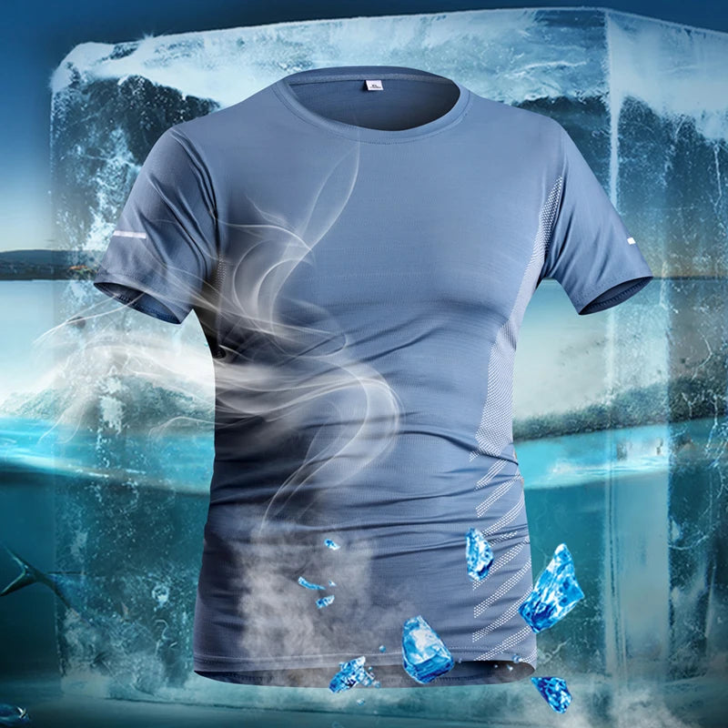 T-shirt de course homme été en soie glacée fine, imprimé réfléchissant, séchage rapide, manches courtes, respirant, idéal pour le fitness et le sport, taille 5XL