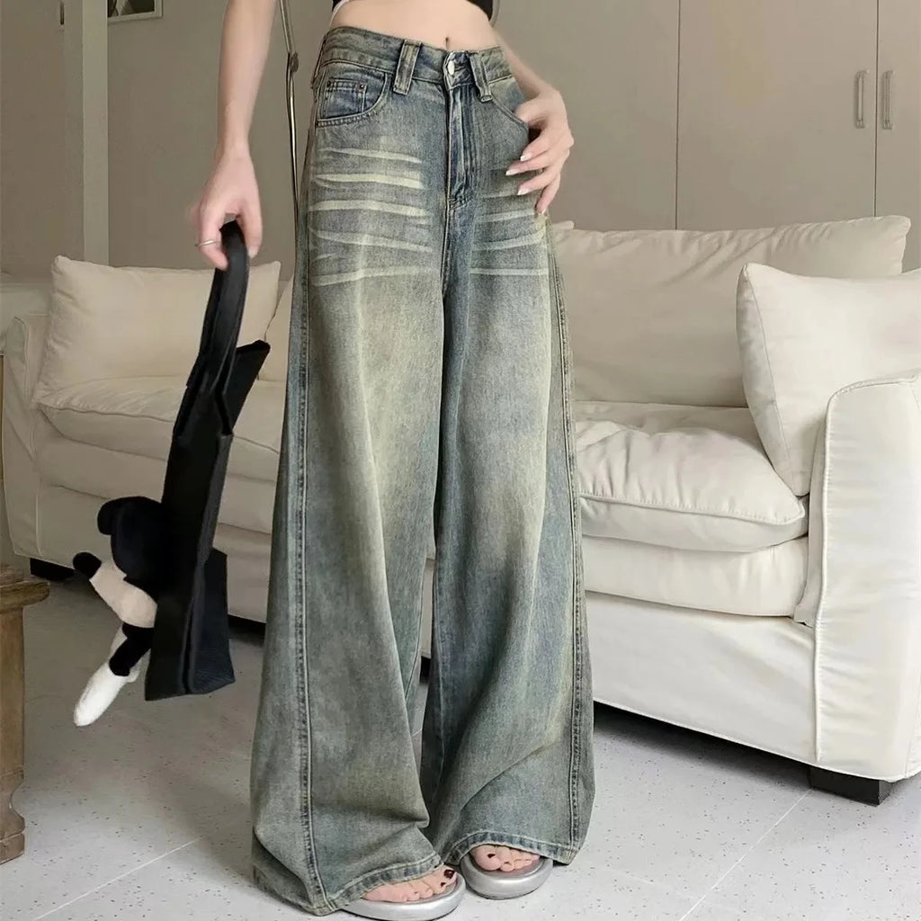 Y2K ample jambe droite jean femme pantalon Baggy coupe large décontracté taille haute rétro lavé Style Vintage jean femme jean