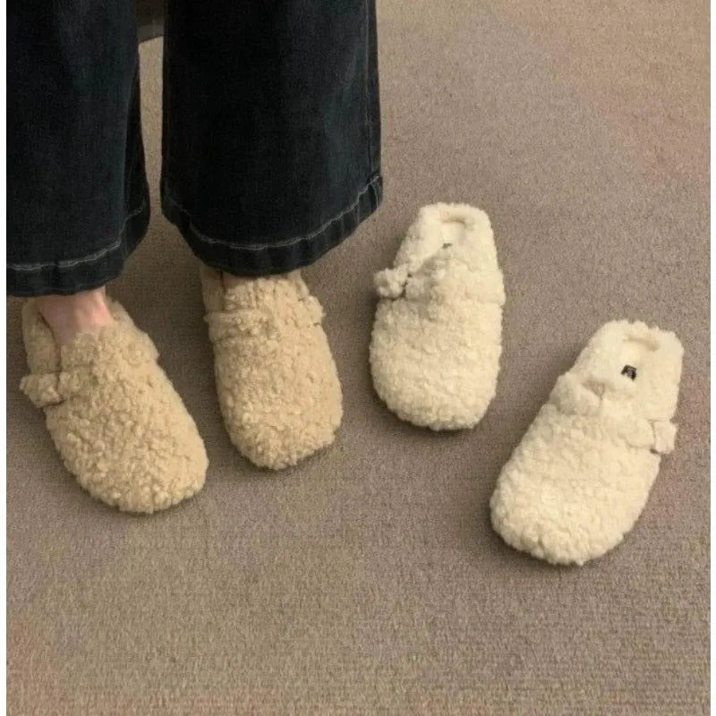 Sabots Boston en fourrure pour femmes, tendance hiver, semelle intérieure en liège, pantoufles chaudes et moelleuses avec soutien de la voûte plantaire, mules confortables en daim duveteux pour la maison