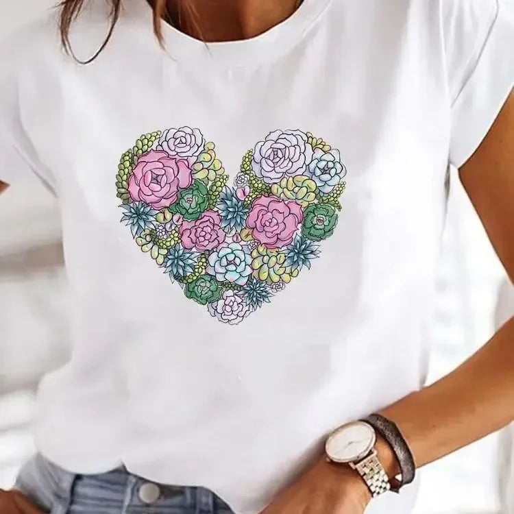 Nouveauté : T-shirt d'été femme imprimé cœur Y2K, col rond, style années 90, vêtements décontractés