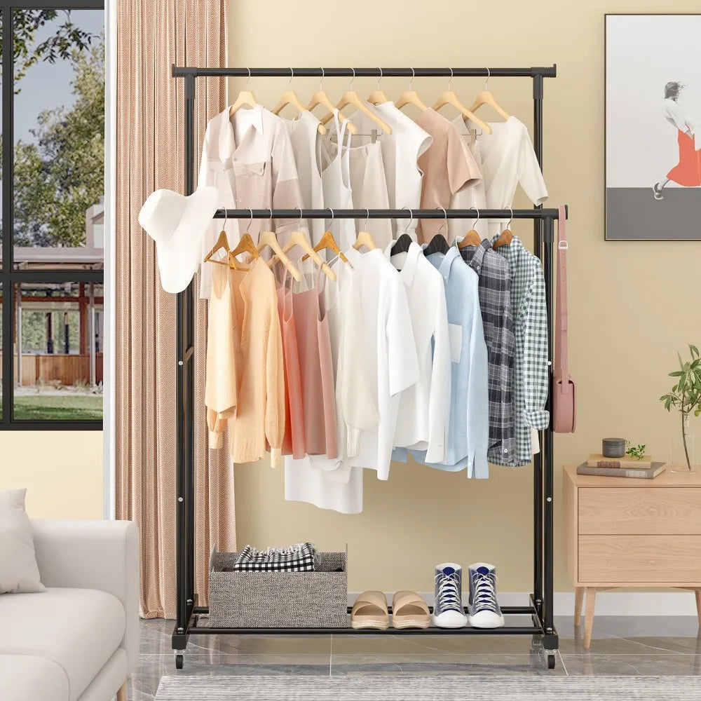 Portant à vêtements double barre avec crochets, organisateur de vêtements suspendus pour chambre à coucher, cintre mobile à roulettes