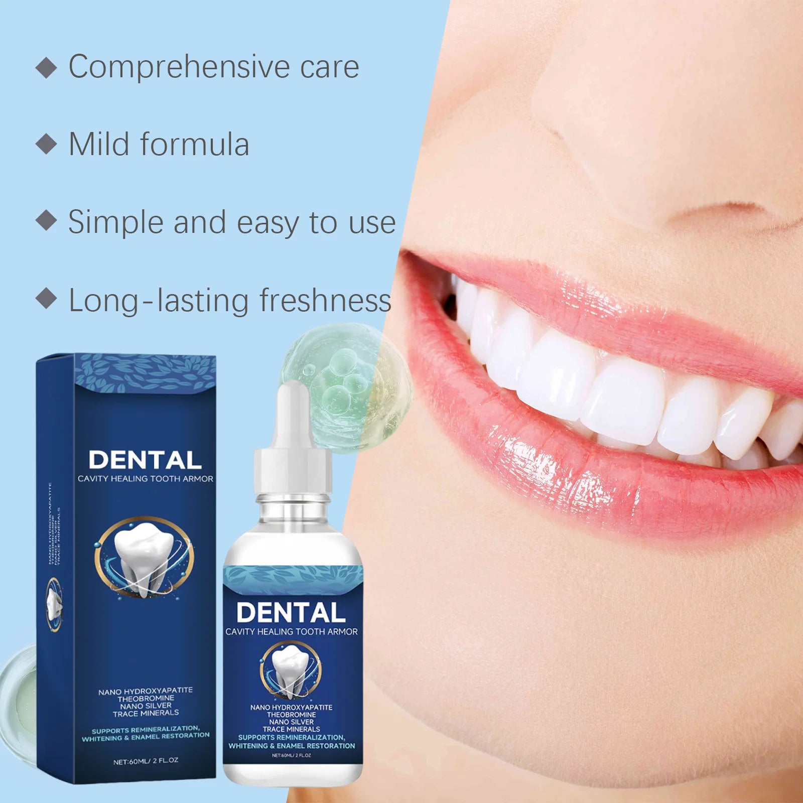 Sérum Oralhoe Soin Dentaire Liquide, Haleine Fraîche Longue Durée, Nettoyage en Profondeur, Hygiène Buccale, Élimine la Plaque, Taches, Sérum Blanchissant pour les Dents 60 ml
