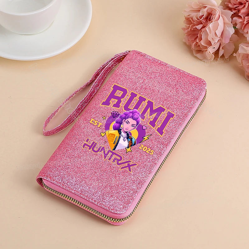 Portefeuille long KPop Demon Hunters pour femmes, à paillettes et fermeture éclair, en cuir PU, porte-monnaie, porte-cartes d'identité, pochette pour femme