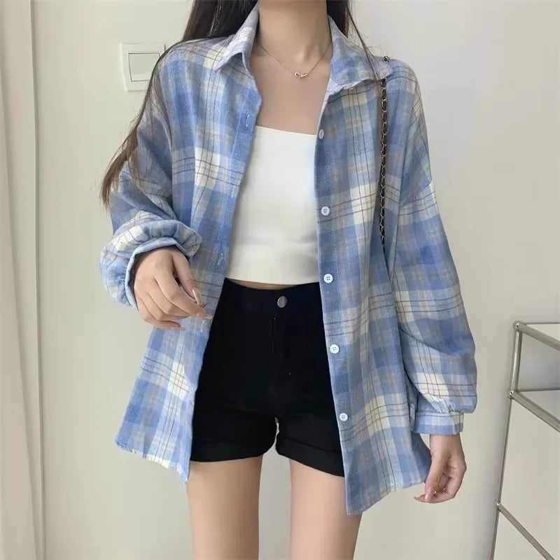 Chemise à carreaux pour femmes, haut à manches longues, Vintage, simple boutonnage, chemisier dames, Style Preppy, chemises à carreaux amples, mode automne