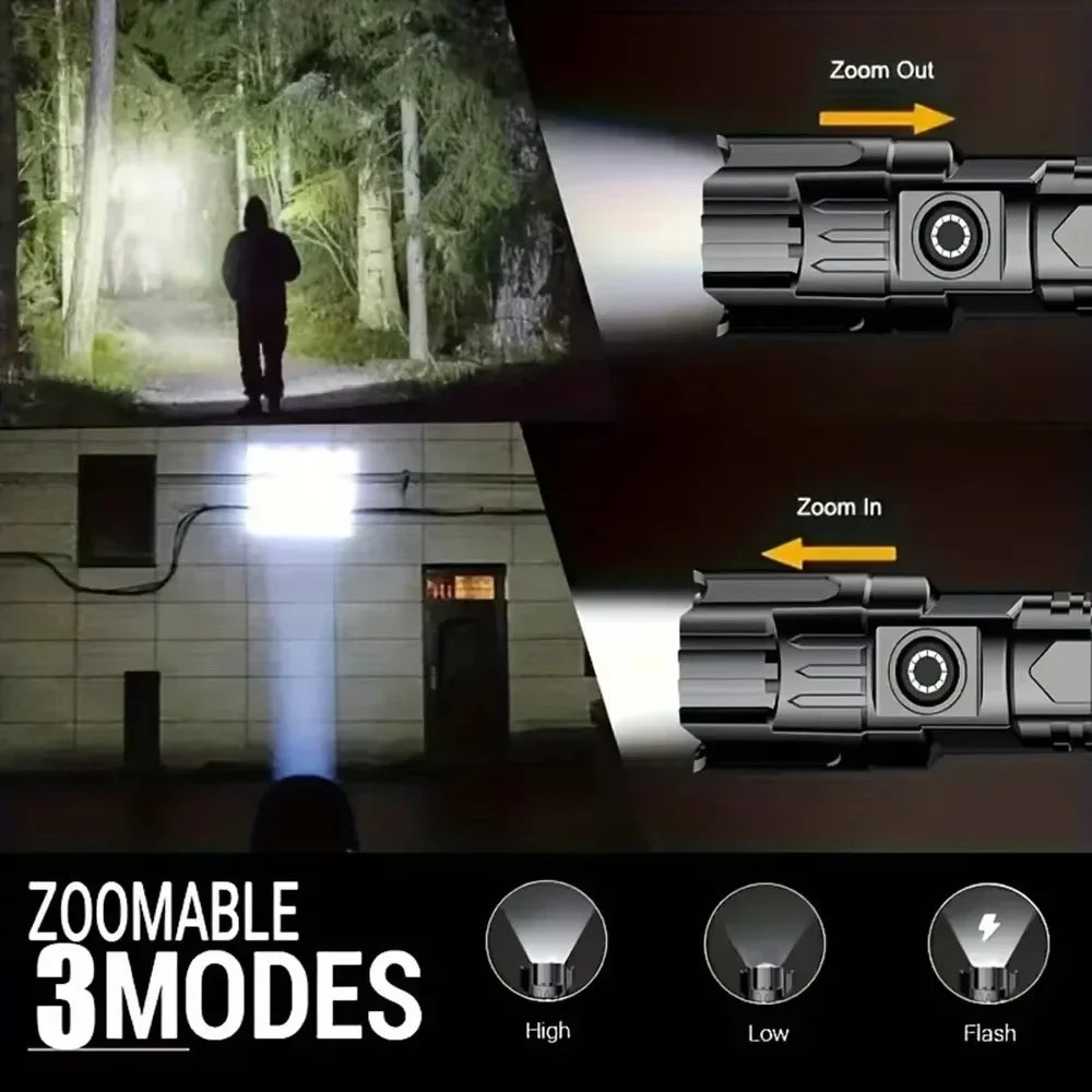 Lampe de poche LED puissante avec affichage de batterie, Rechargeable par USB, Zoom télescopique, torche, lanterne pour Camping en plein air, pêche, 9900lm