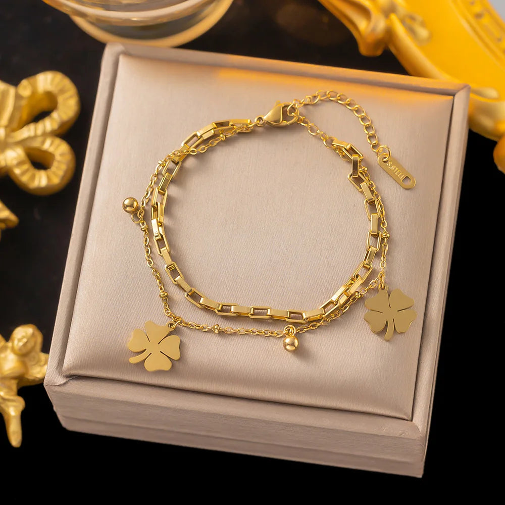 Clearance_Bracelets en acier inoxydable pour femmes, tendance, trèfles fins, pendentif, perles, chaîne en couche, bijoux festifs
