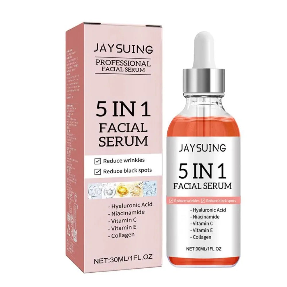 Sérum visage 5 en 1 : Atténue les ridules, raffermit, hydrate et illumine le teint, enrichi en vitamine C et en acide hyaluronique, resserre les pores. Soin de la peau