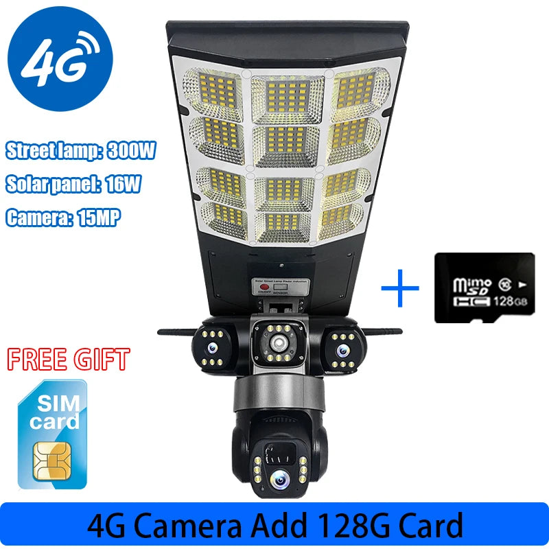 Caméra solaire capteur réverbère LED 3 Modes d'éclairage trois objectifs 4G 15MP caméras de Surveillance extérieure IP66 étanche télécommande