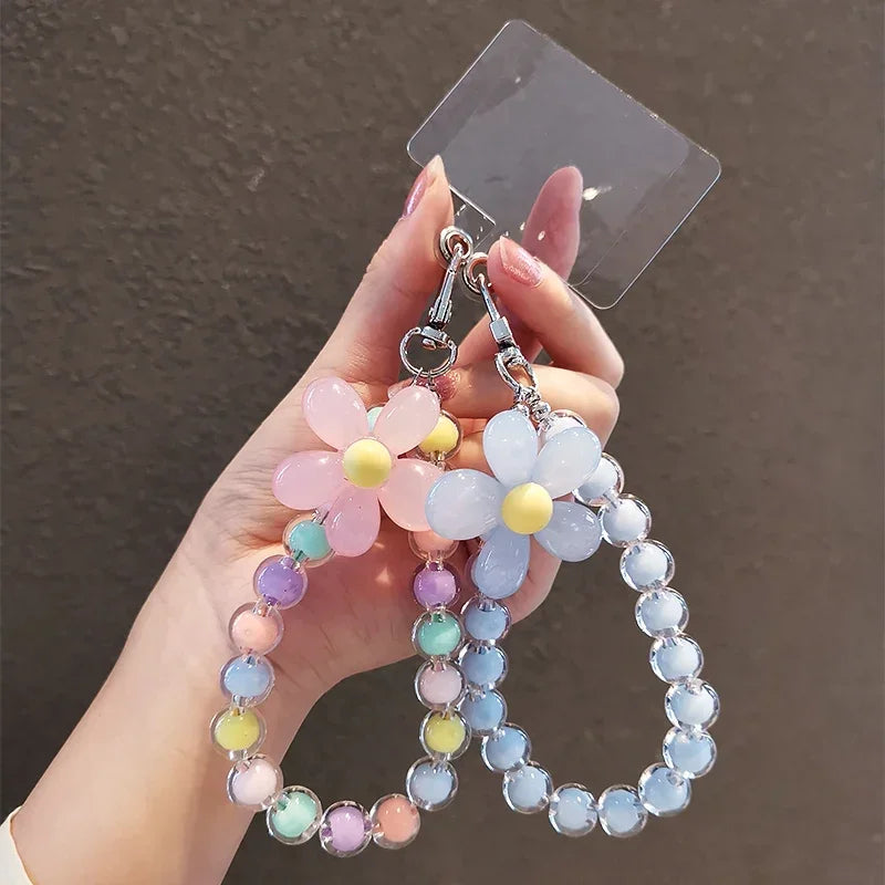 Lanière de téléphone Anti-perte pour clé, pendentif de poignet court, Macaron coloré, perle ronde, chaîne à main pour femmes, lanière de téléphone portable