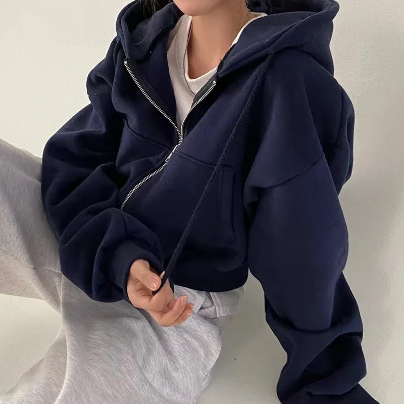 Sweat-shirt à capuche zippé bleu marine chaud, doublé polaire, coupe courte et slim, collection printemps-automne 2024 pour femme