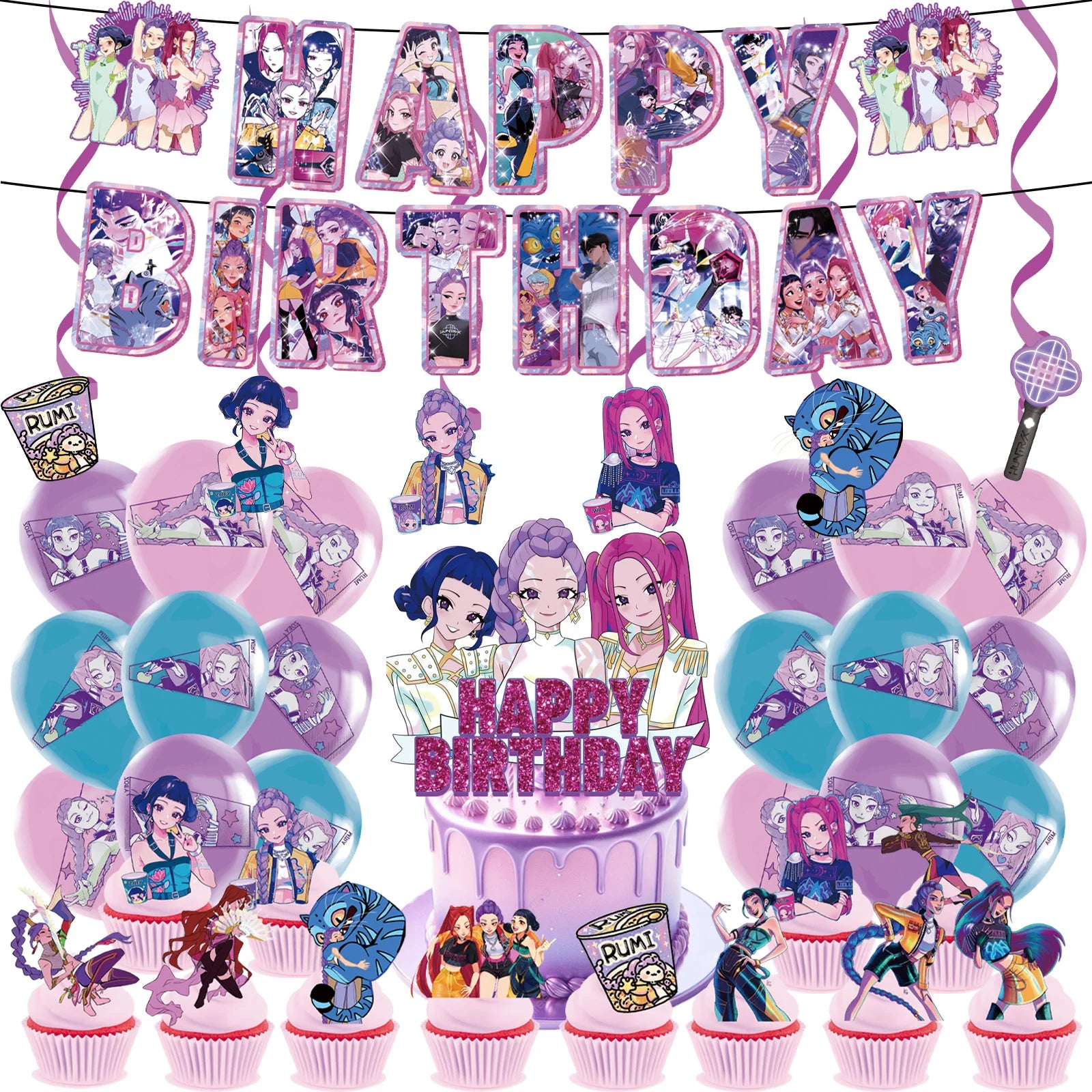 Décorations de fête d'anniversaire sur le thème des chasseurs de démons K-pop, dessinées à la main : cake topper, banderole de ballons, décor pour baby shower de fille