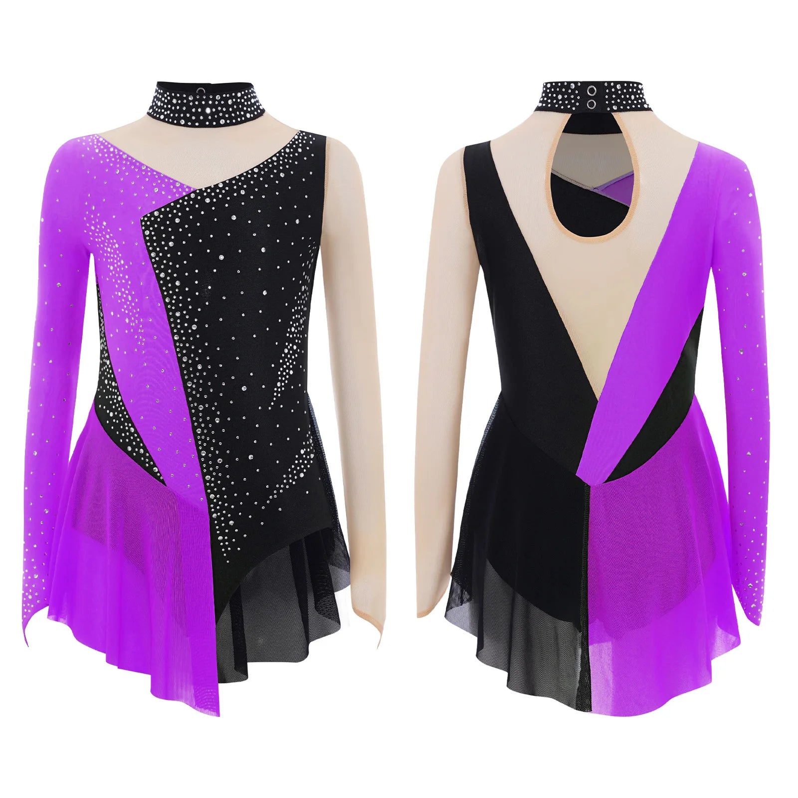 Robe de patinage artistique pour enfants filles, manches longues, strass, maille transparente, body de gymnastique, danse lyrique, Ballet, acrobatie, justaucorps