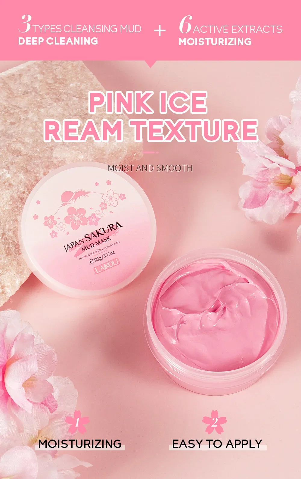Laikou Sakura Masque de boue Nettoyant profond Contrôle des sébums Équilibre Antioxyde Rétrécissement des pores Enlève les points noirs Masque rafraîchissant du visage 90/25g