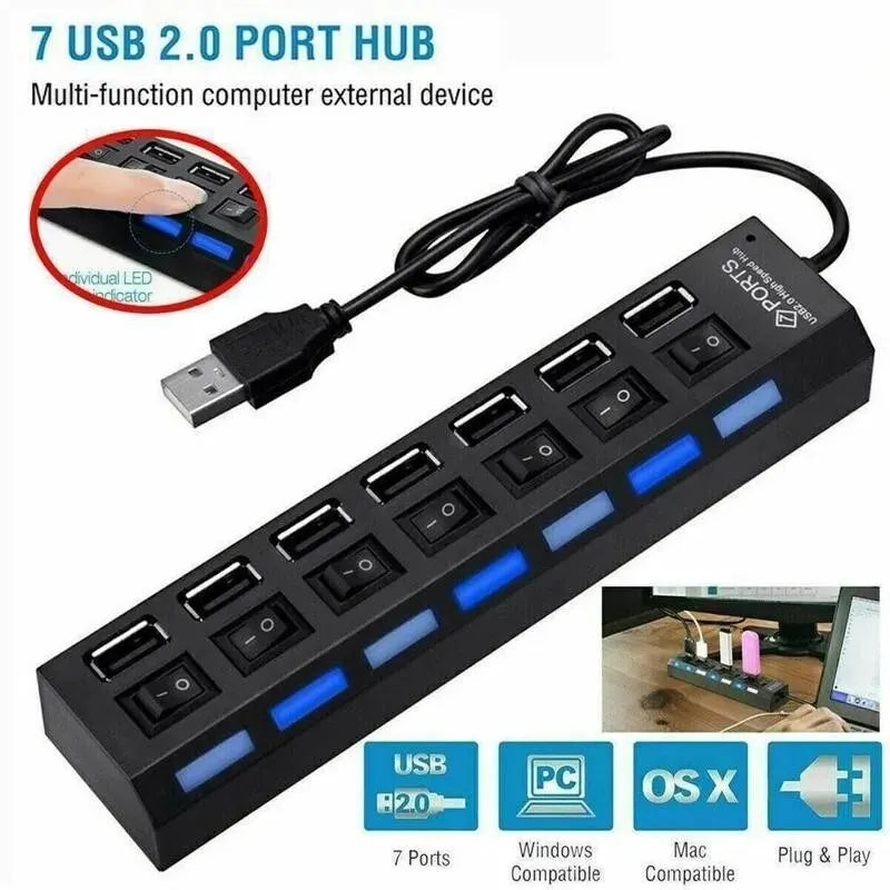 Hub d'extension USB 2.0 à 7 ports pour ordinateur portable ou de bureau