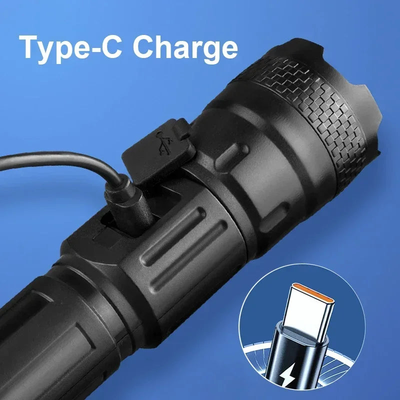 Lampe torche LED haute puissance, lampe tactique avec affichage lumineux, chargement USB, idéale pour le camping, la pêche et les situations d'urgence