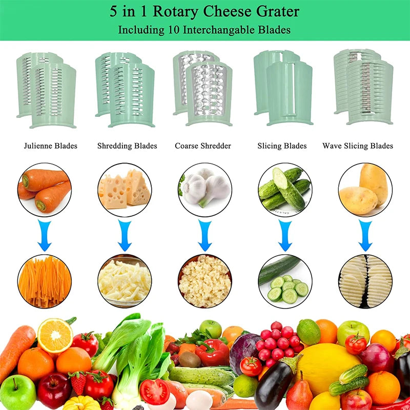 Râpe à fromage rotative 5 en 1 avec poignée, coupe-légumes de cuisine, Mandoline ronde, trancheuse à tambour avec Base d'aspiration JT435