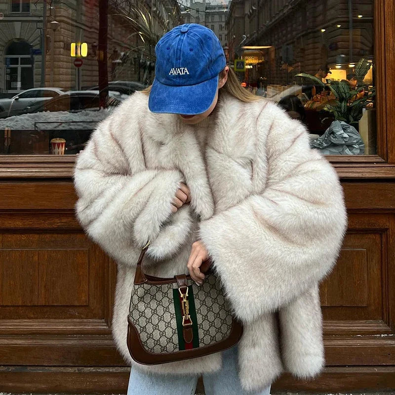 Neo Mint – manteau en fausse fourrure de renard surdimensionné pour femme, vêtement d'extérieur épais et chaud, à la mode, surdimensionné, dégradé, hiver 2024