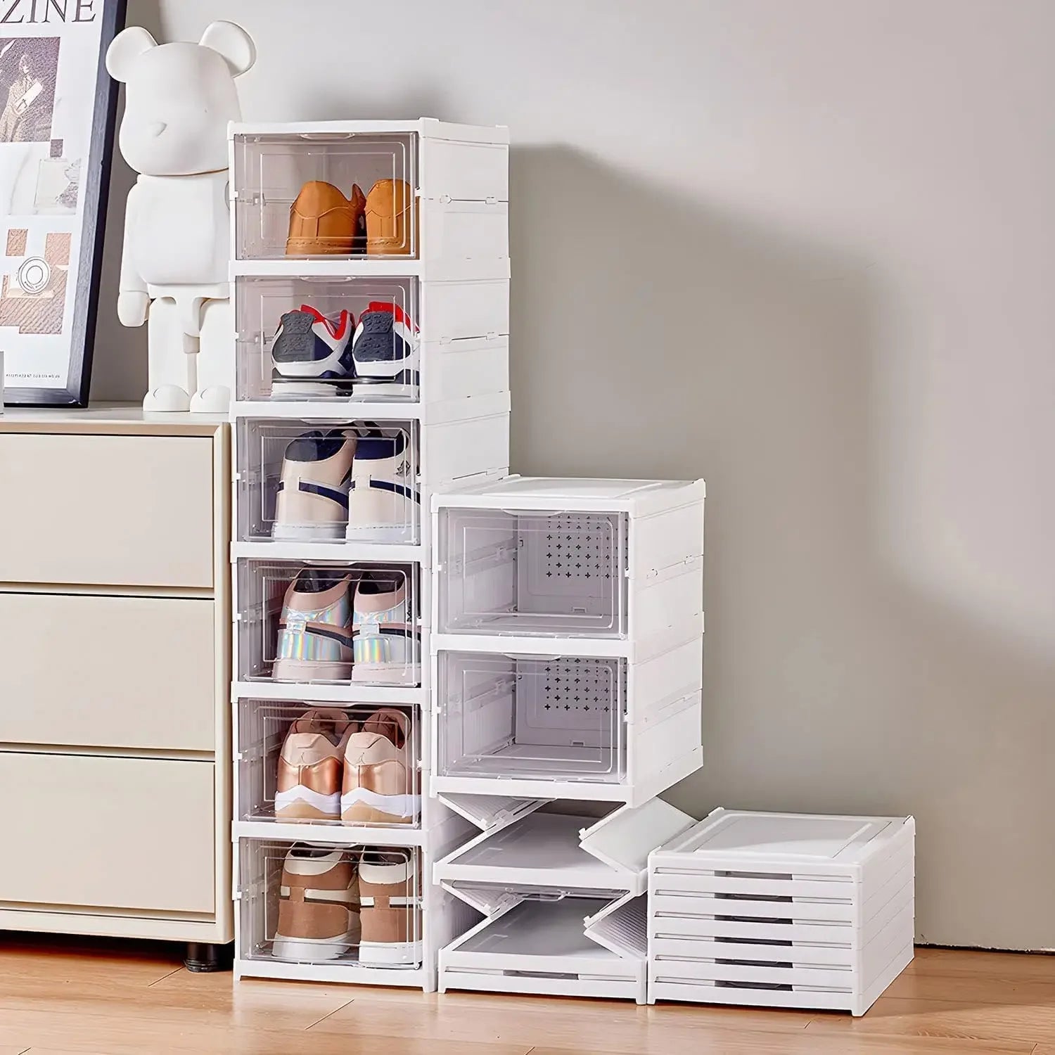 Boîte de rangement à chaussures pliable à 3 ou 6 niveaux, transparente, empilable et anti-poussière, avec étagère.