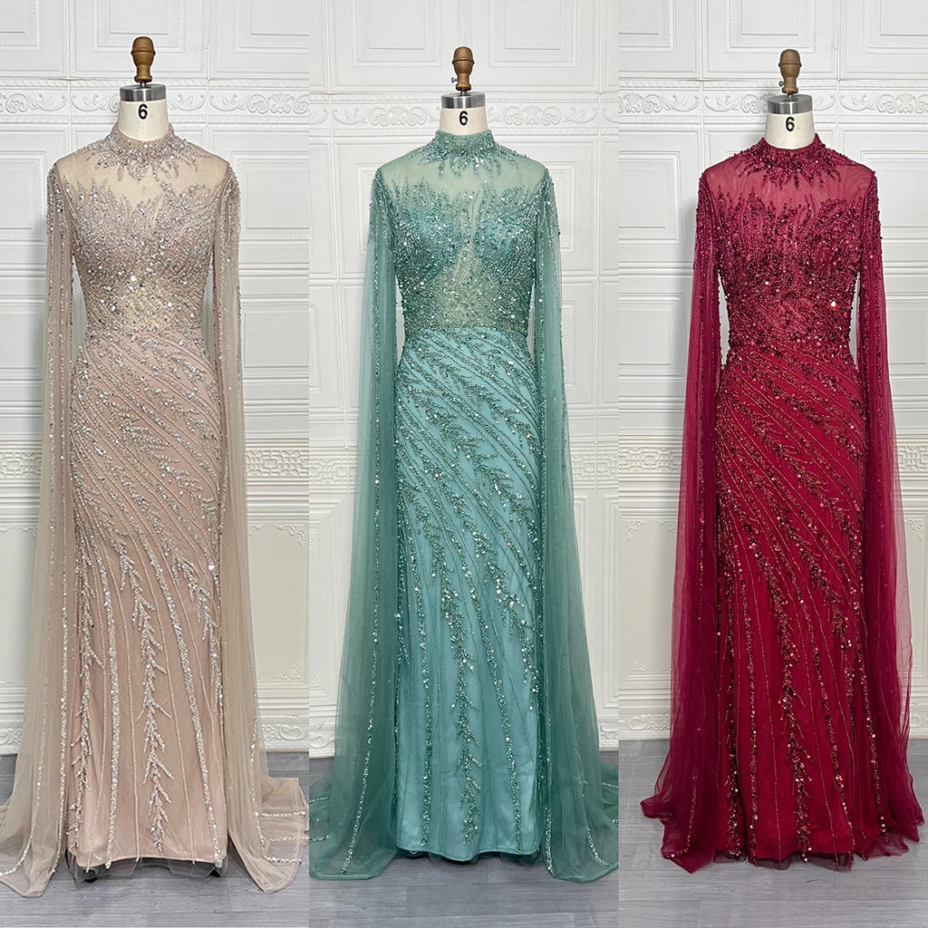 Robes de soirée de luxe sirène à manches cape perlées et col montant, collection 2025 à Dubaï, pour femmes, mariages et autres occasions spéciales