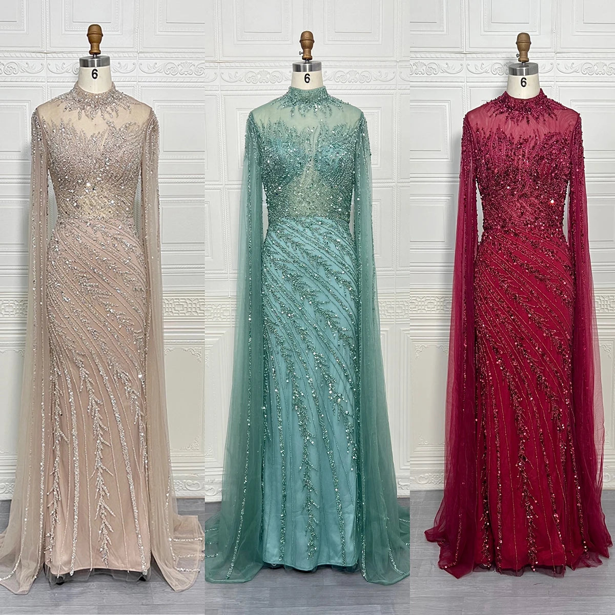 Robes de soirée de luxe sirène à manches cape perlées et col montant, collection 2025 à Dubaï, pour femmes, mariages et autres occasions spéciales