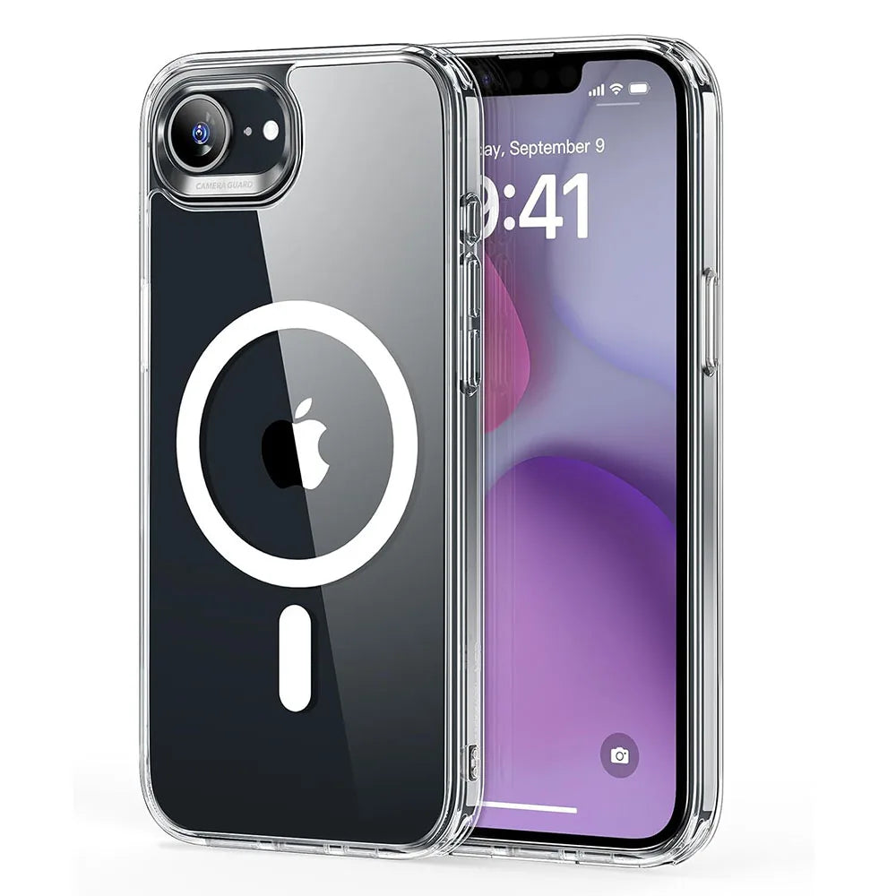 Coque magnétique MagSafe résistante pour iPhone 16e, 16, 15, 14, 13, 12, 11 Pro Max Plus, Mini - Coque arrière hybride rigide en silicone transparent