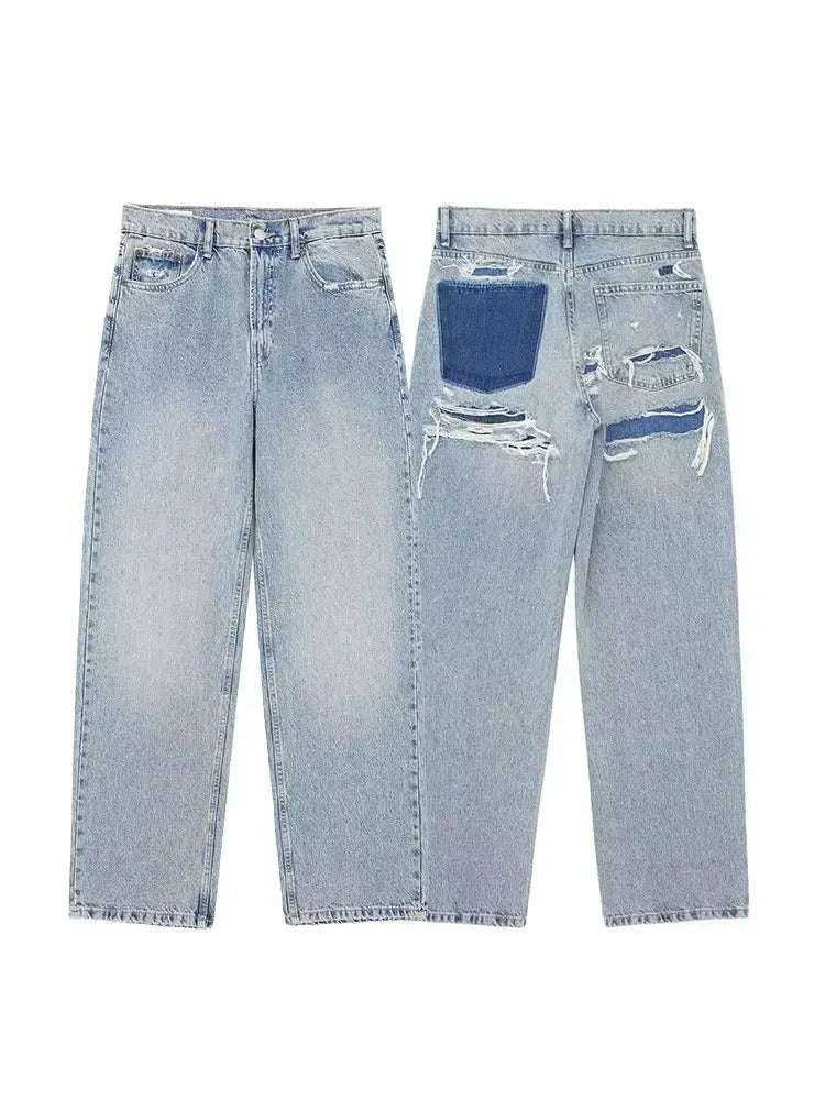 HH 2024 femmes rue mode Denim bleu jean en détresse Patchwork taille haute veste pour homme déchiré rétro pantalons longs
