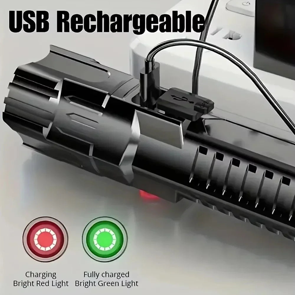 Lampe de poche LED puissante avec affichage de batterie, Rechargeable par USB, Zoom télescopique, torche, lanterne pour Camping en plein air, pêche, 9900lm