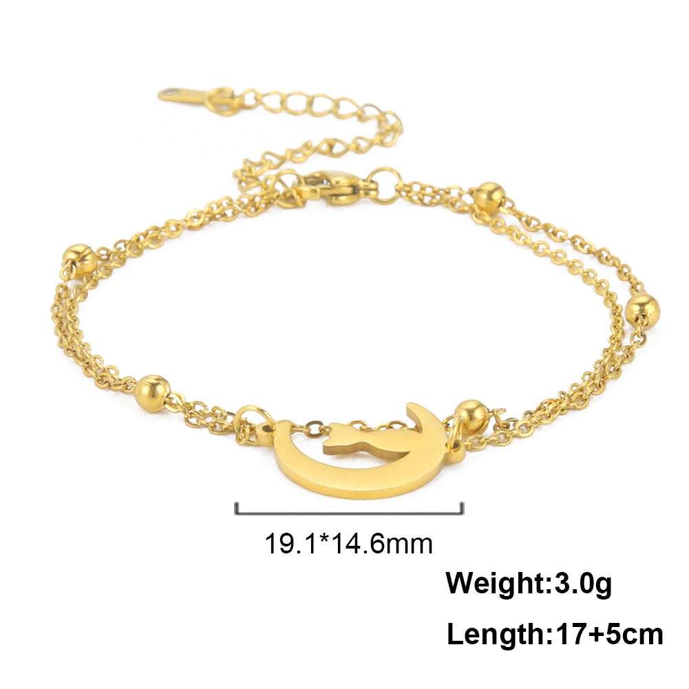 Bracelet Lucktune Chat Mignon en Acier Inoxydable avec Pendentif Animal et Chaîne à Perles - Bijou Tendance Kpop pour Femmes et Hommes - Cadeau Couple