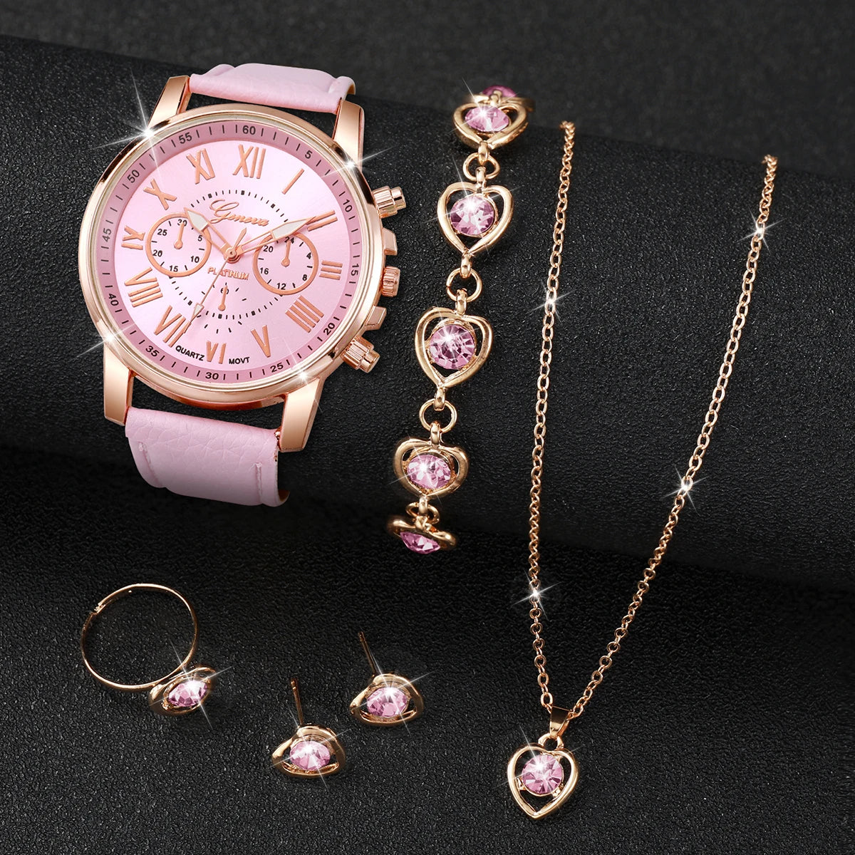 Ensemble de 5 montres pour femmes, style Genève, avec bracelet en cuir décontracté et strass en forme de cœur (sans boîte)