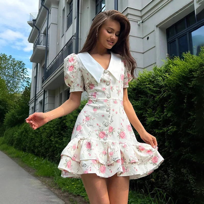 Tornova imprimé manches bouffantes robe à volants femmes col en v taille haute perles boutons Mini robe femme décontracté vacances robe de mode