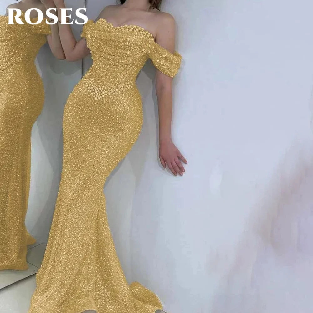 Robe de bal ROSES Pearl, magnifique robe bustier à épaules dénudées, décolleté cœur, ornée de sequins brillants et de broderies en chevrons. Robe de soirée personnalisée