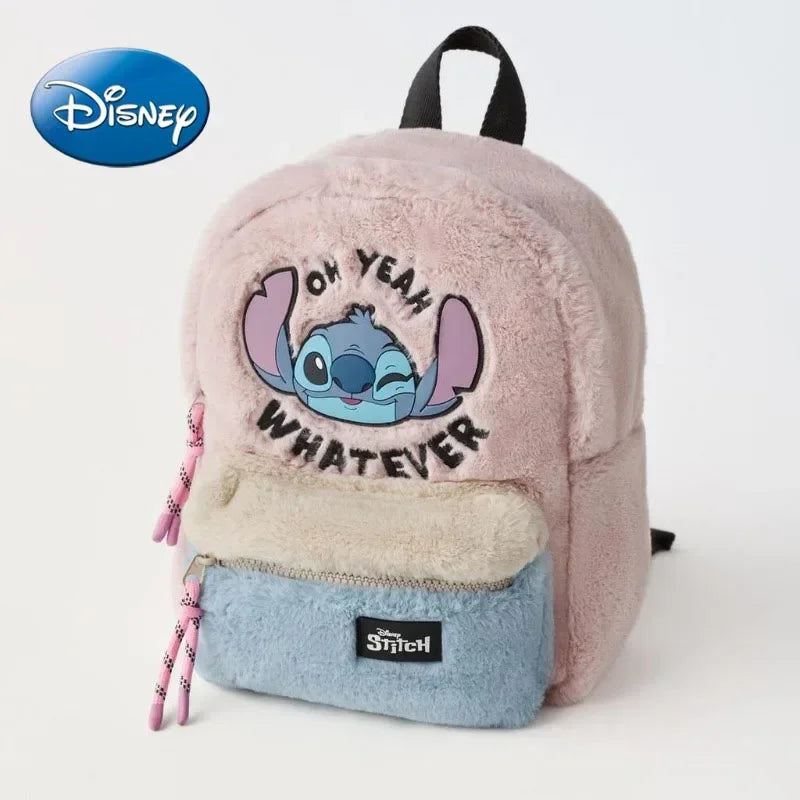 Sac à dos en cuir véritable pour enfants, peluche Disney Stitch, rose, grandes oreilles, tête d'alien, bloc de couleur