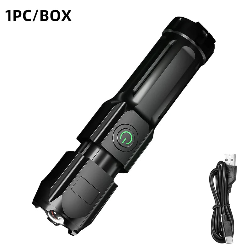 Lampe torche LED pour Camping, haute puissance, Rechargeable, USB, lanterne Zoom, batterie intégrée, étanche, pour la pêche en plein air