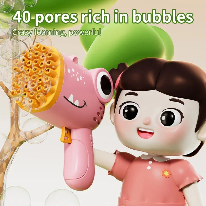 Machine à bulles dinosaure 40 trous, cadeau pour enfants, fabrication de bulles en continu, mariage, extérieur (liquide à bulles et piles non inclus)