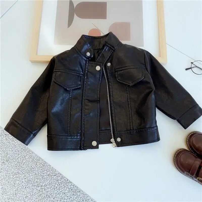 Manteau imperméable et coupe-vent pour garçons de 2 à 12 ans, vert foncé, veste en cuir Pu pour moto, Rock noir, vêtements de photographie de rue pour enfants