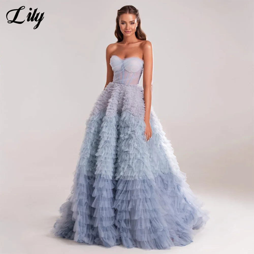 Robes de soirée Lily bleu poudré à décolleté cœur, sans manches, en tulle, charmantes robes de bal à volants pour femme, sur mesure