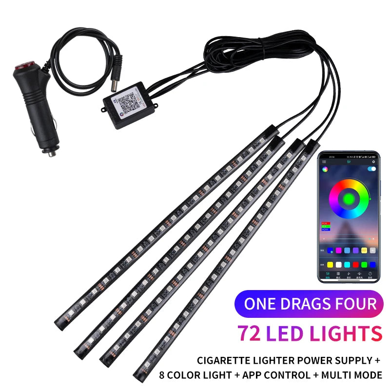 Bande LED néon 48 LED RGB pour éclairage d'ambiance au sol de voiture, avec port USB/prise allume-cigare et télécommande