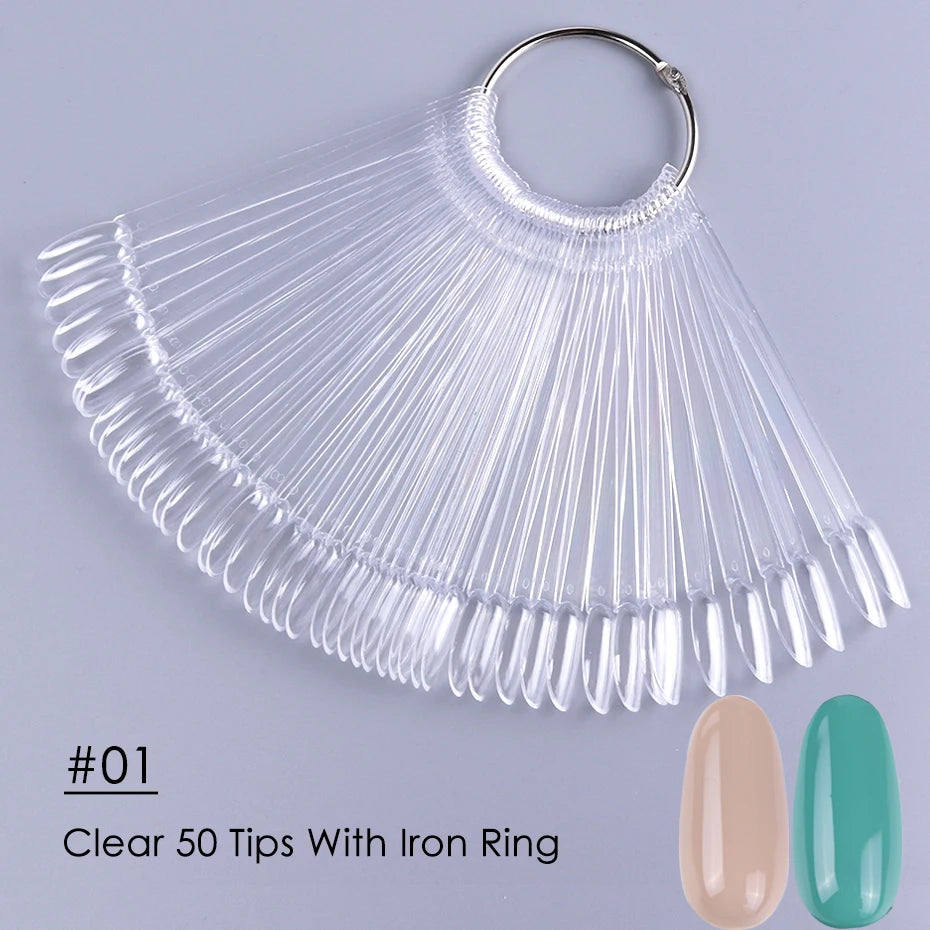 50 faux ongles transparents, nuancier naturel, forme ovale, en éventail, vernis gel UV, palette d'essai, outils de manucure