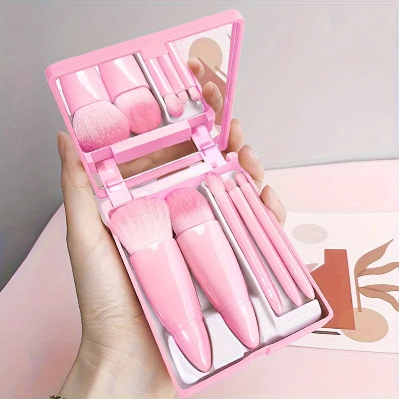 Ensemble de pinceaux de maquillage portables 5 pièces avec miroir-Kit de voyage pliable, ensemble de mini pinceaux de maquillage ensemble de pinceaux de maquillage de voyage
