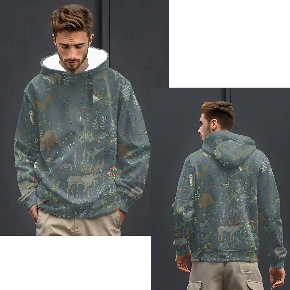 Sweat à capuche pour homme avec imprimé scène naturelle de forêt, motif animal et végétal, manches longues, haut décontracté à la mode pour le quotidien