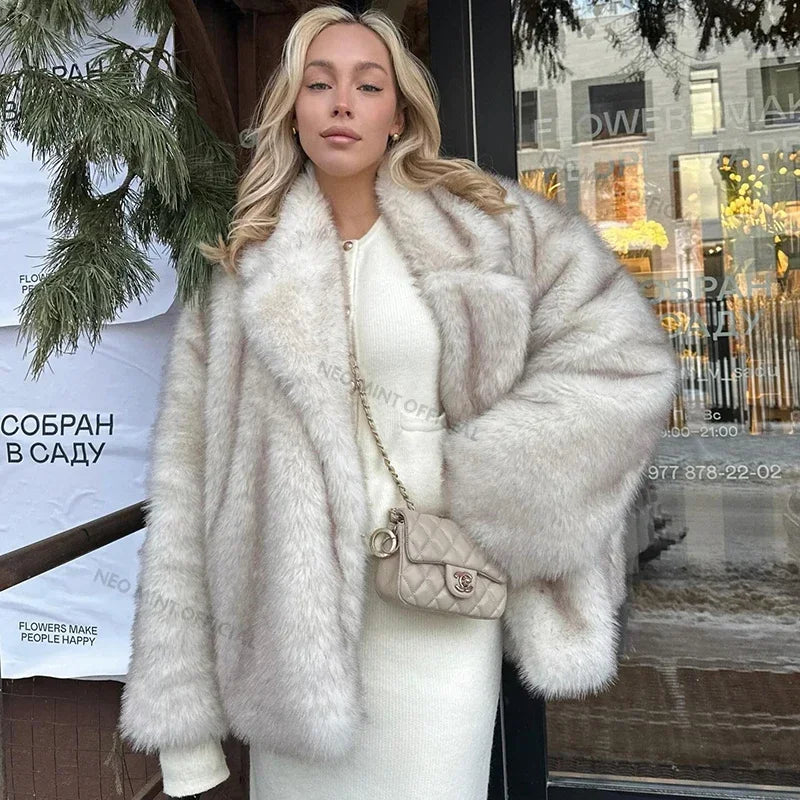 Neo Mint – manteau en fausse fourrure de renard surdimensionné pour femme, vêtement d'extérieur épais et chaud, à la mode, surdimensionné, dégradé, hiver 2024