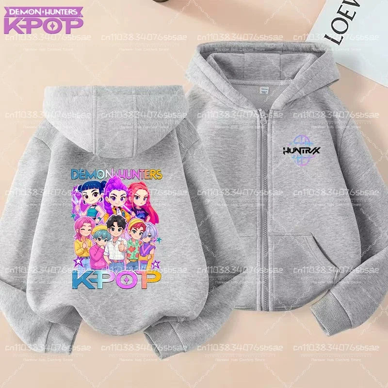Pull à capuche K-pop Demon Hunters pour enfants, style anime, veste zippée tendance, garçon/fille, printemps/automne