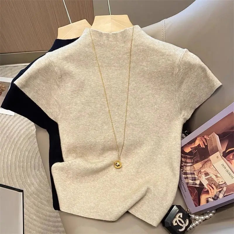 Pull d'été basique à col roulé, uni, fin, pour femme, en maille, coupe ajustée, manches courtes