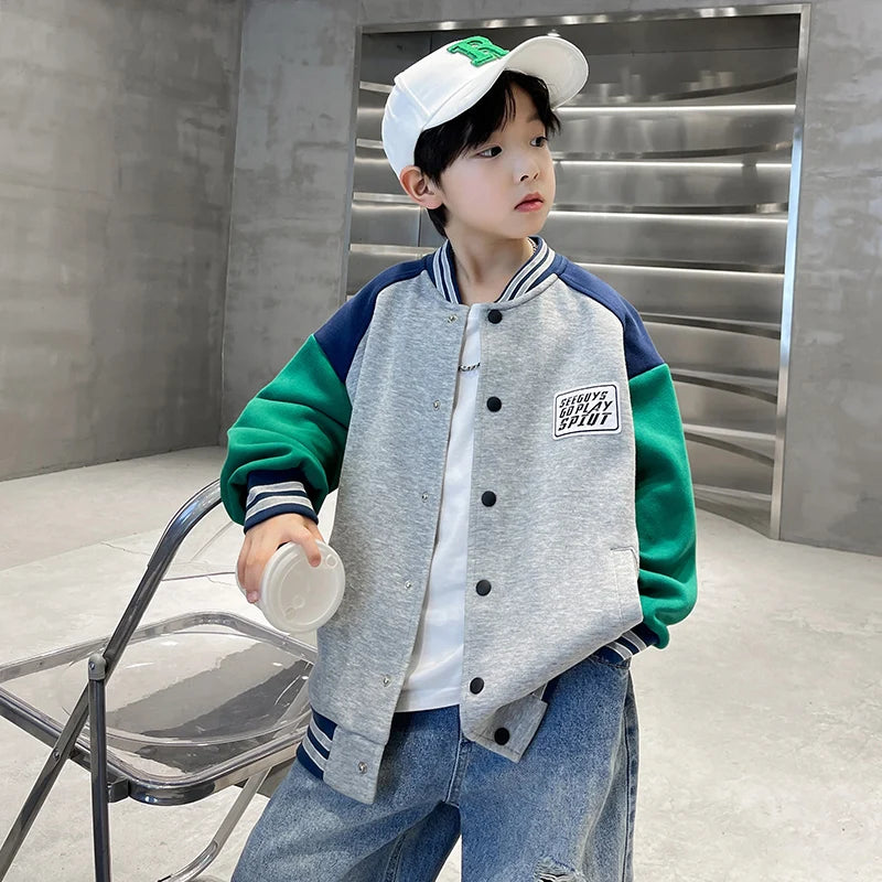 Veste de baseball tendance automne 2025 pour garçons, col rond, style sportif, tailles 5, 7, 9, 11, 13 et 14 ans