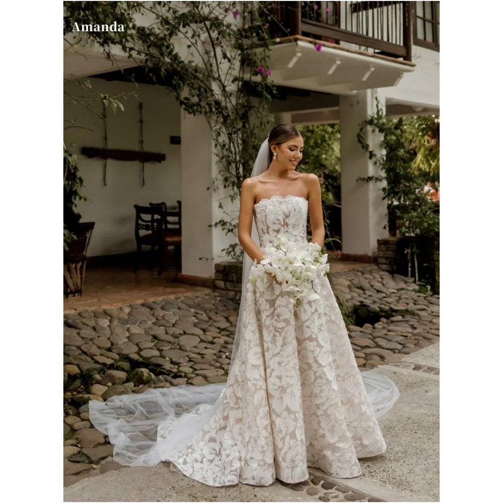 Robe de bal Amanda en dentelle blanche personnalisée, bustier, longue jusqu'au sol, voile, coupe trapèze, collection soirée formelle 2025